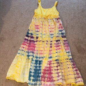 Yellow Blue Pink Tie Dye Maxi Gauze Iiered Summer Dress M